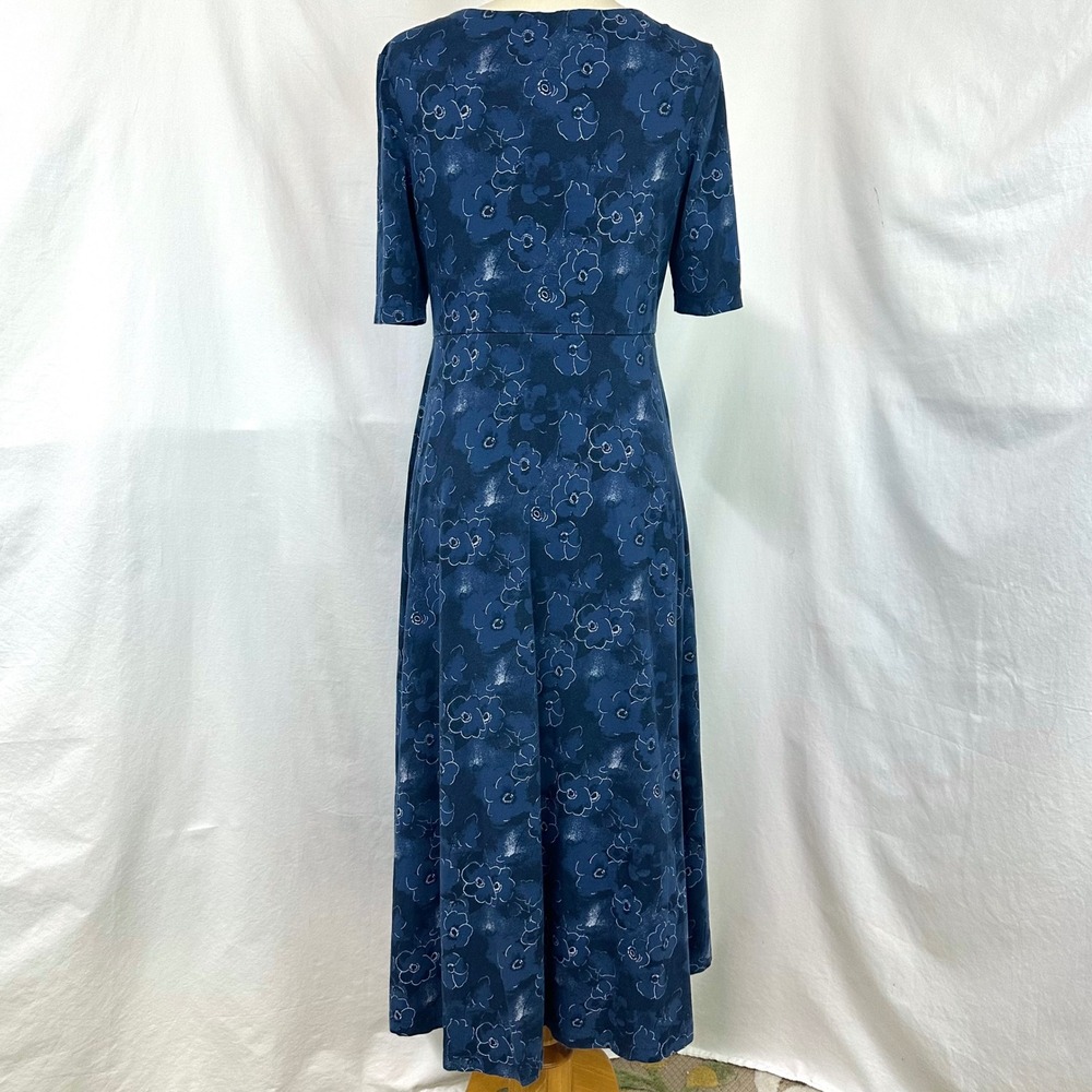 PACT Organic Cotton Blue Floral Fit & Flare Scoop Midi Dress Women's L Pockets - Picture 4 of 6
